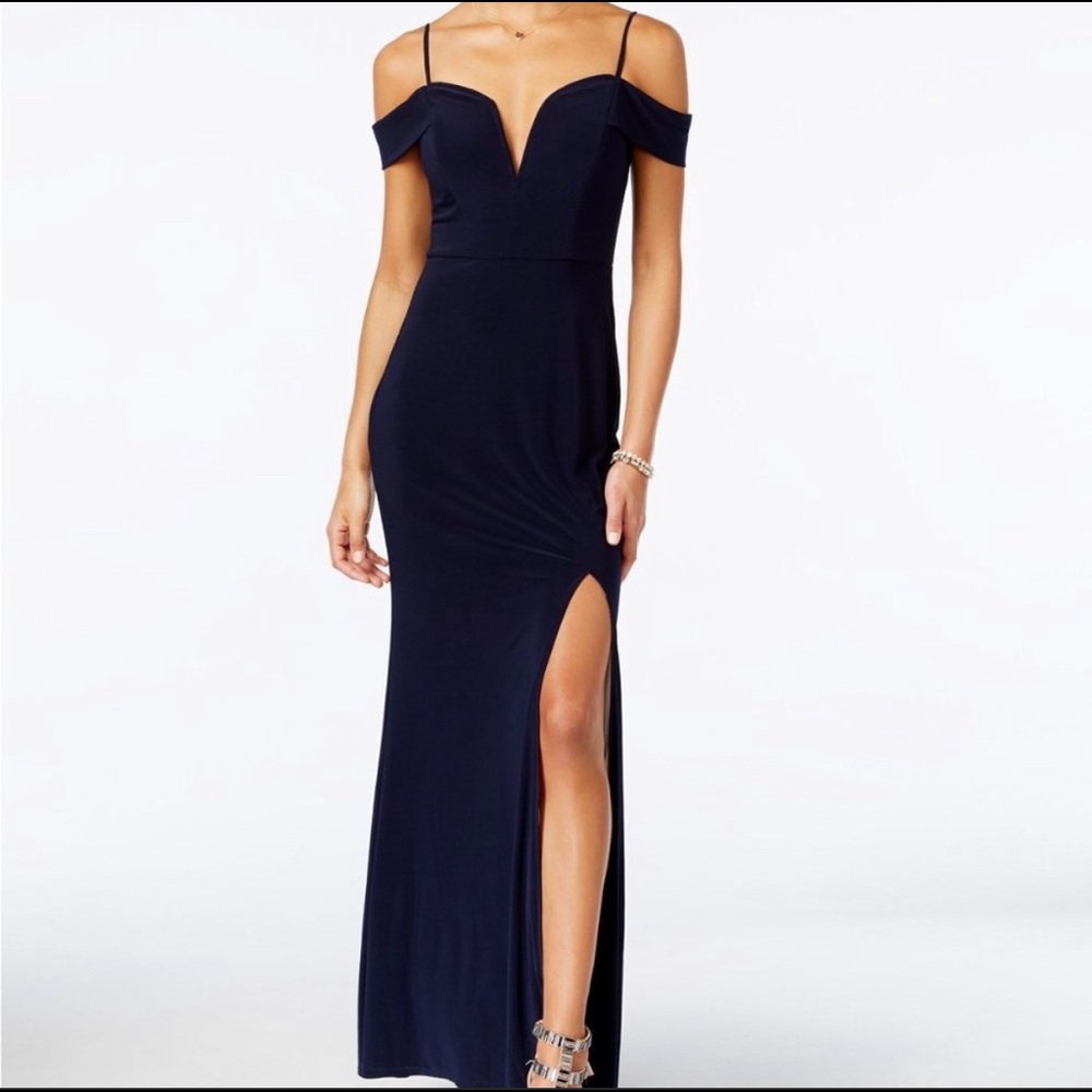 City Studio Navy pink long maxi prom dress evening gown spaghetti strap plunge